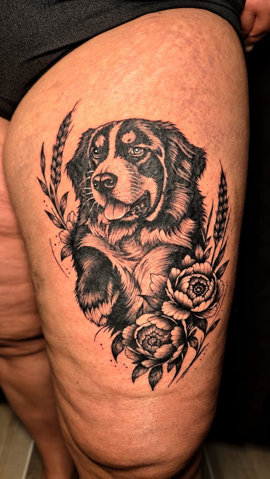 Portrait de bouvier bernois entouré de pivoines et d'épis de blé, tatoué en noir et gris sur la cuisse