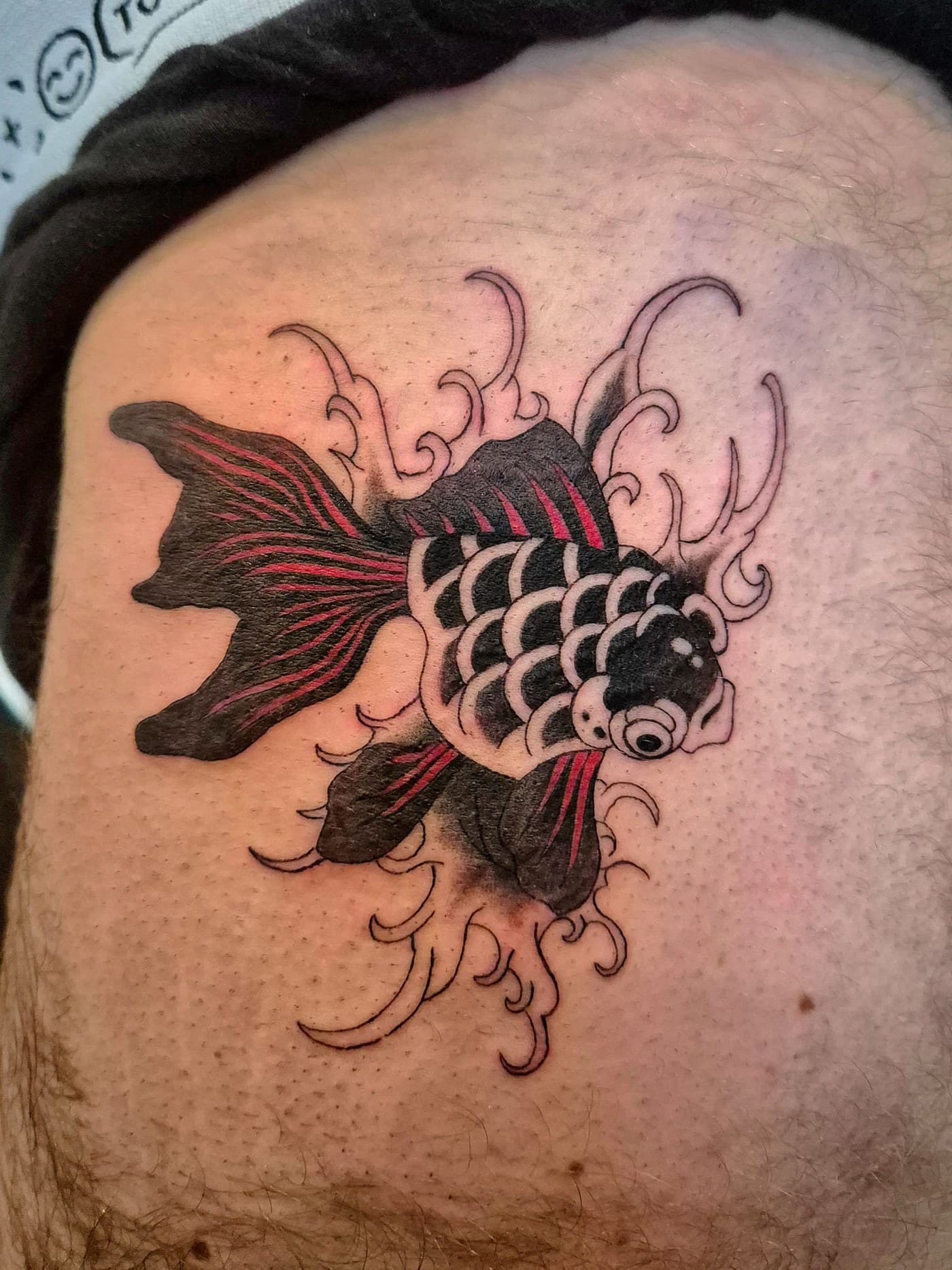 Carpe koï tatouée en noir et rouge sur les côtes, style japonais traditionnel